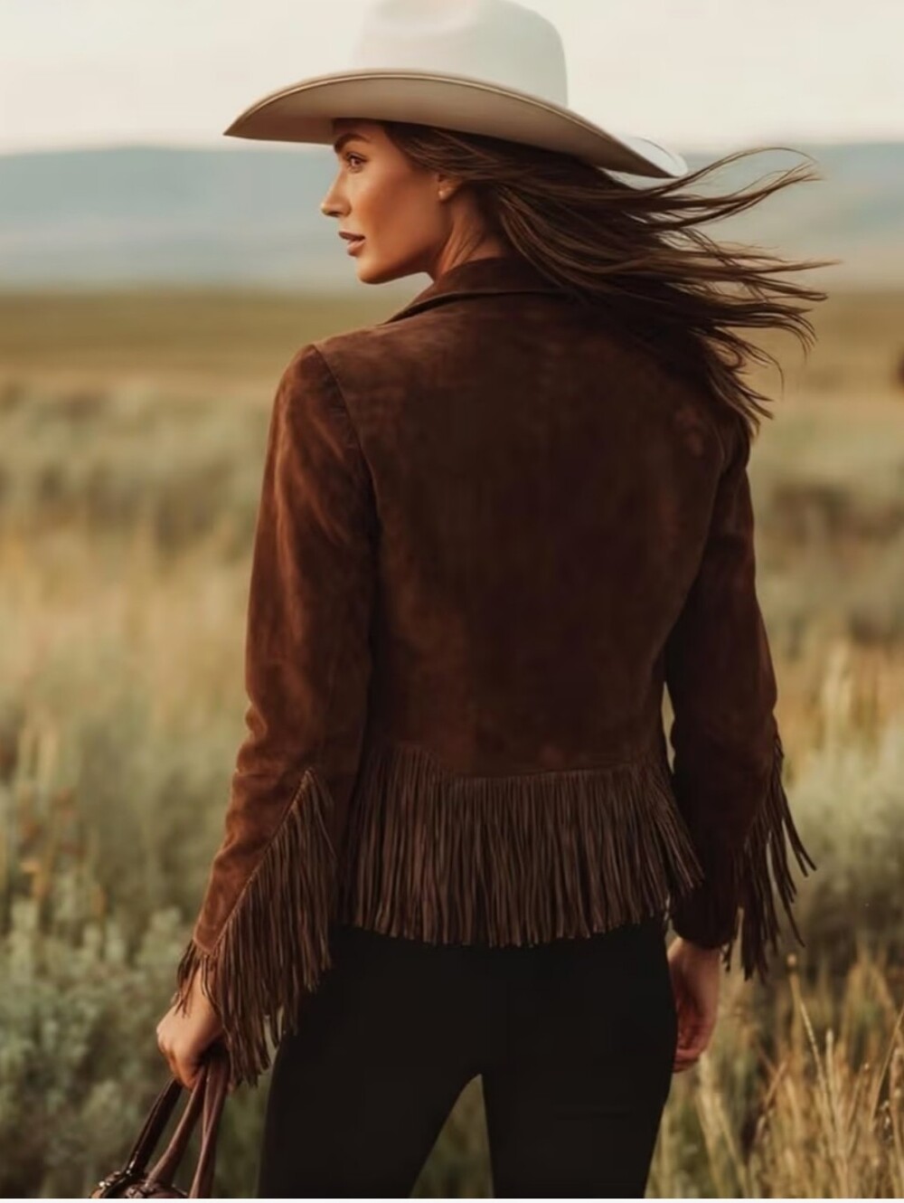 Brown Faux Suede Fringe Jacket - Women's Western Style Coat #101 - Picture 4 of 7